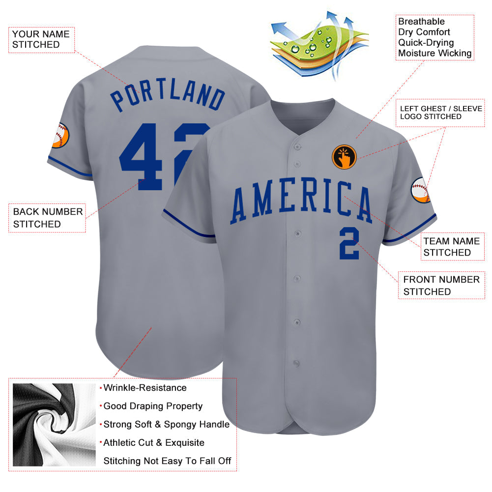 Custom Gray Royal Authentic Baseball Jersey baseball jersey product view 3