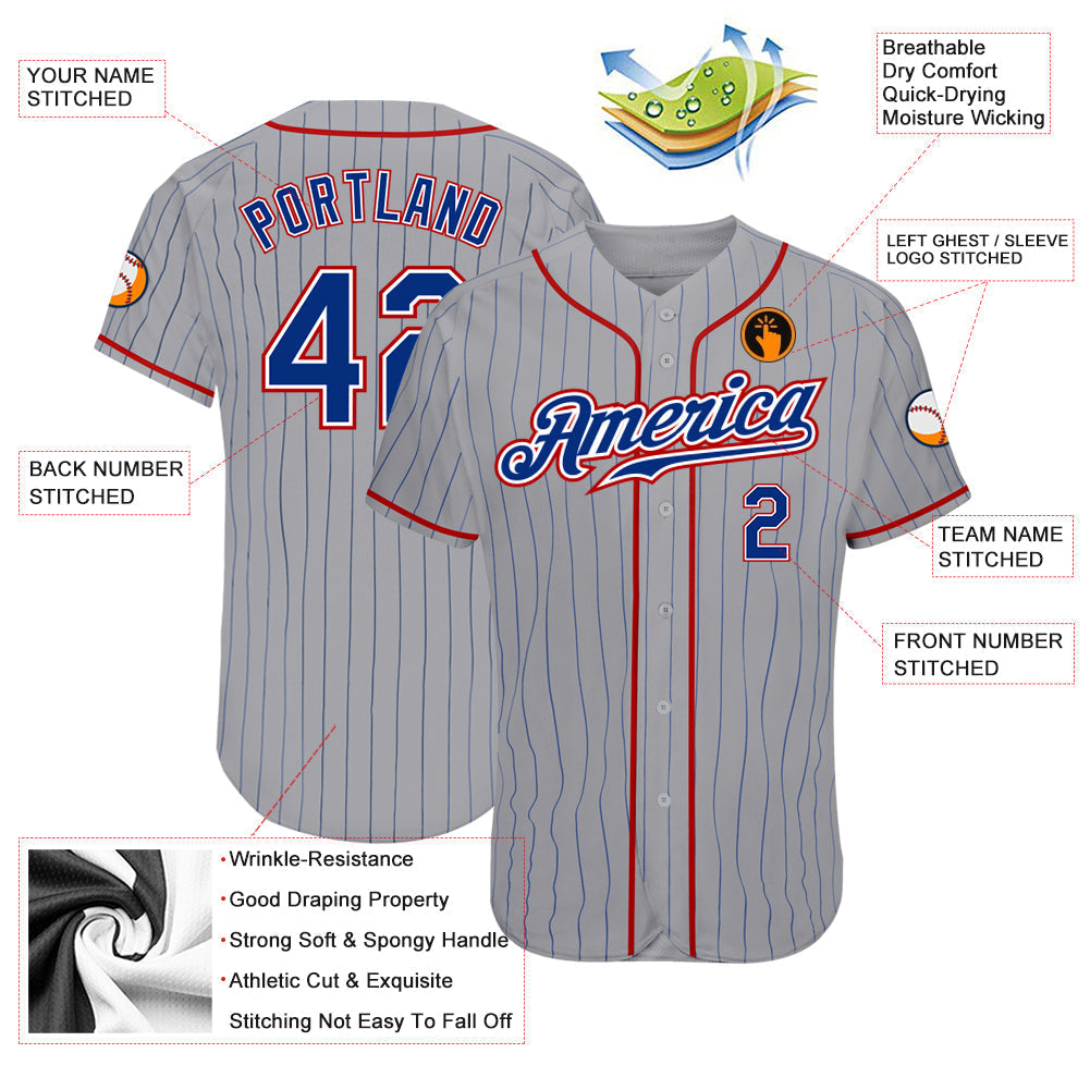 Custom Gray Royal Pinstripe Royal-Red Authentic Baseball Jersey baseball jersey product view 3