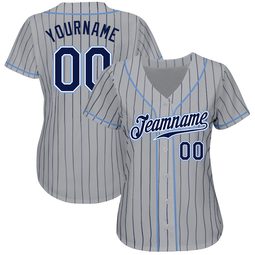 Custom Gray Navy Pinstripe Navy-Light Blue Authentic Baseball Jersey baseball jersey product view 2