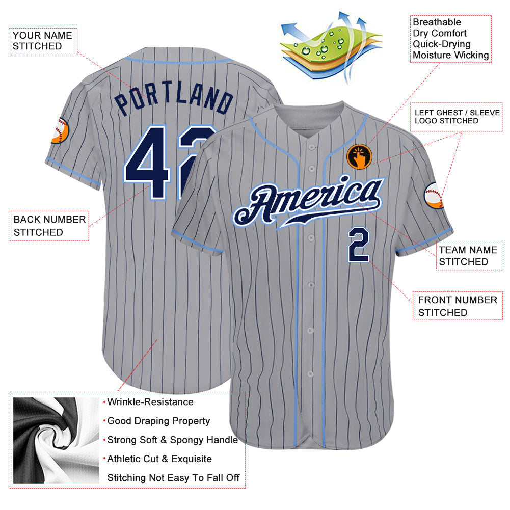 Custom Gray Navy Pinstripe Navy-Light Blue Authentic Baseball Jersey baseball jersey product view 3