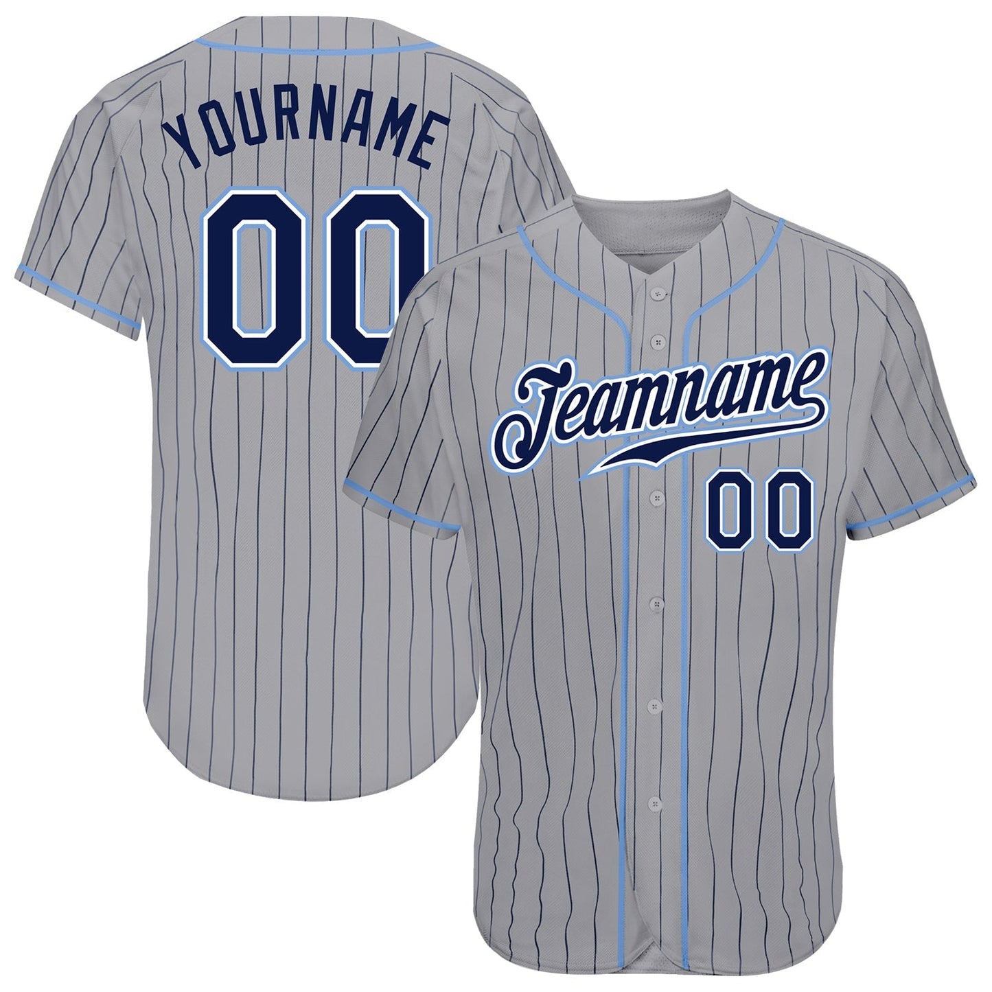 Custom Gray Navy Pinstripe Navy-Light Blue Authentic Baseball Jersey baseball jersey product view 1