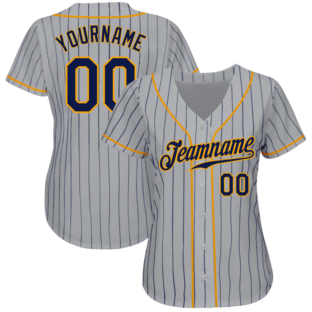 Custom Gray Navy Pinstripe Navy-Gold Authentic Baseball Jersey baseball jersey product view 2