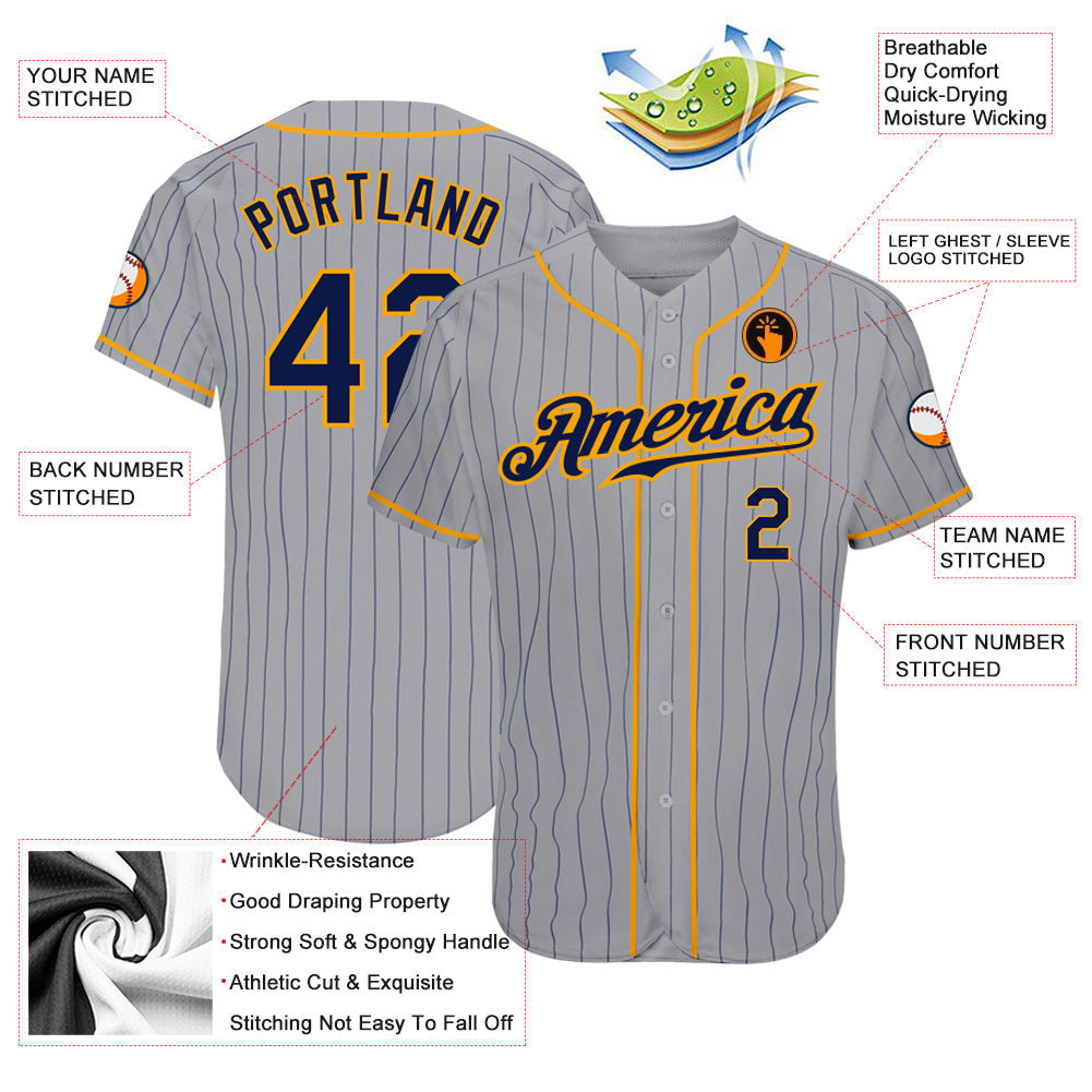 Custom Gray Navy Pinstripe Navy-Gold Authentic Baseball Jersey baseball jersey product view 3
