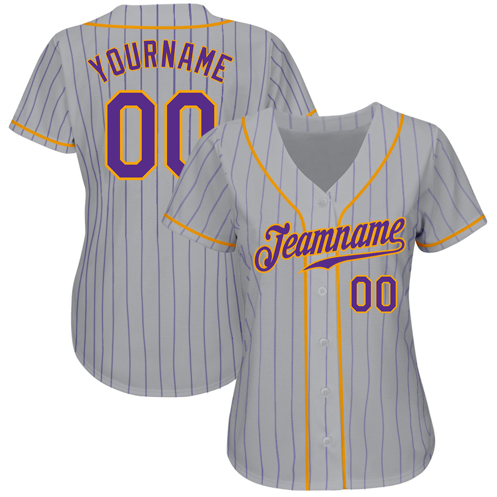 Custom Gray Purple Pinstripe Purple-Gold Authentic Baseball Jersey baseball jersey product view 2