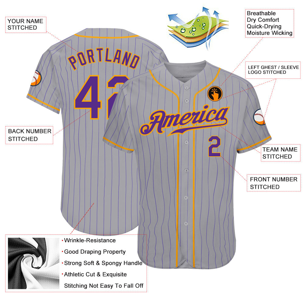 Custom Gray Purple Pinstripe Purple-Gold Authentic Baseball Jersey baseball jersey product view 3