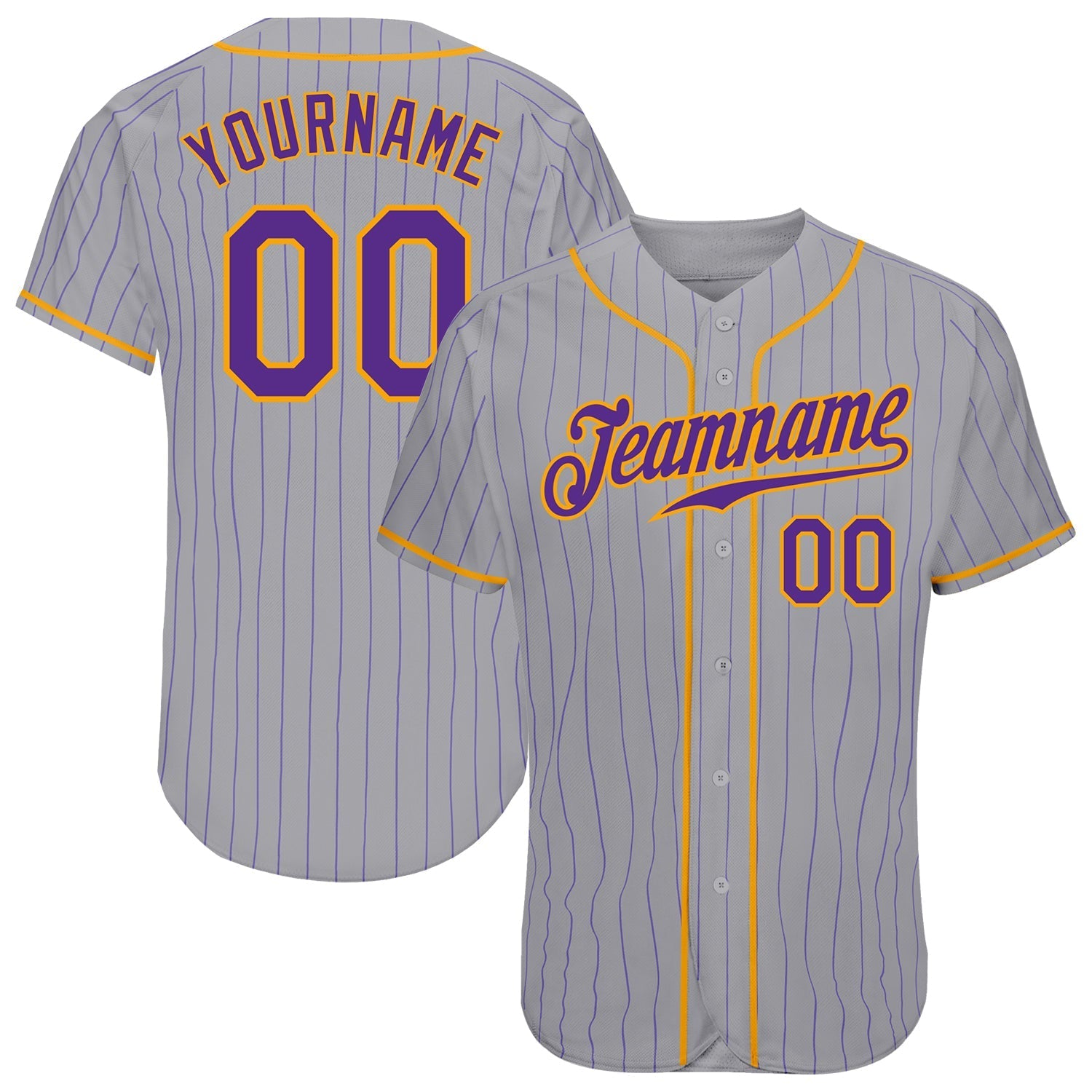 Custom Gray Purple Pinstripe Purple-Gold Authentic Baseball Jersey baseball jersey product view 1