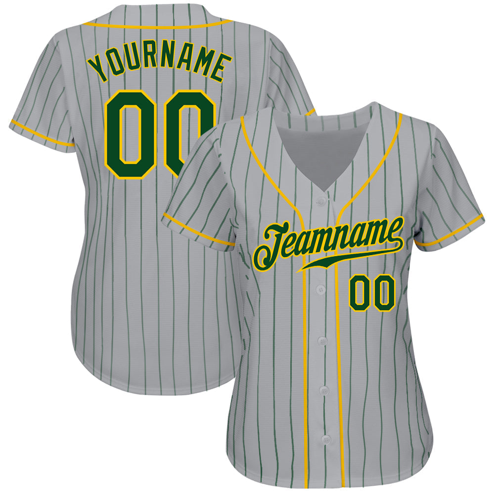 Custom Gray Green Pinstripe Green-Gold Authentic Baseball Jersey baseball jersey product view 2