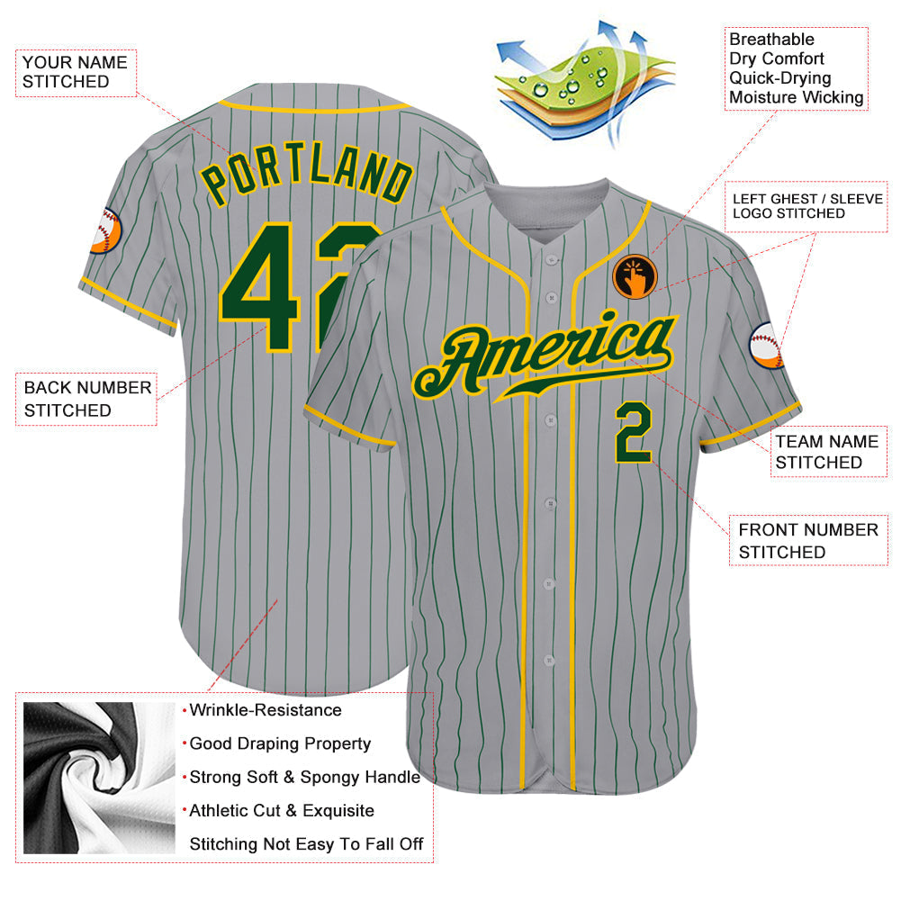 Custom Gray Green Pinstripe Green-Gold Authentic Baseball Jersey baseball jersey product view 3