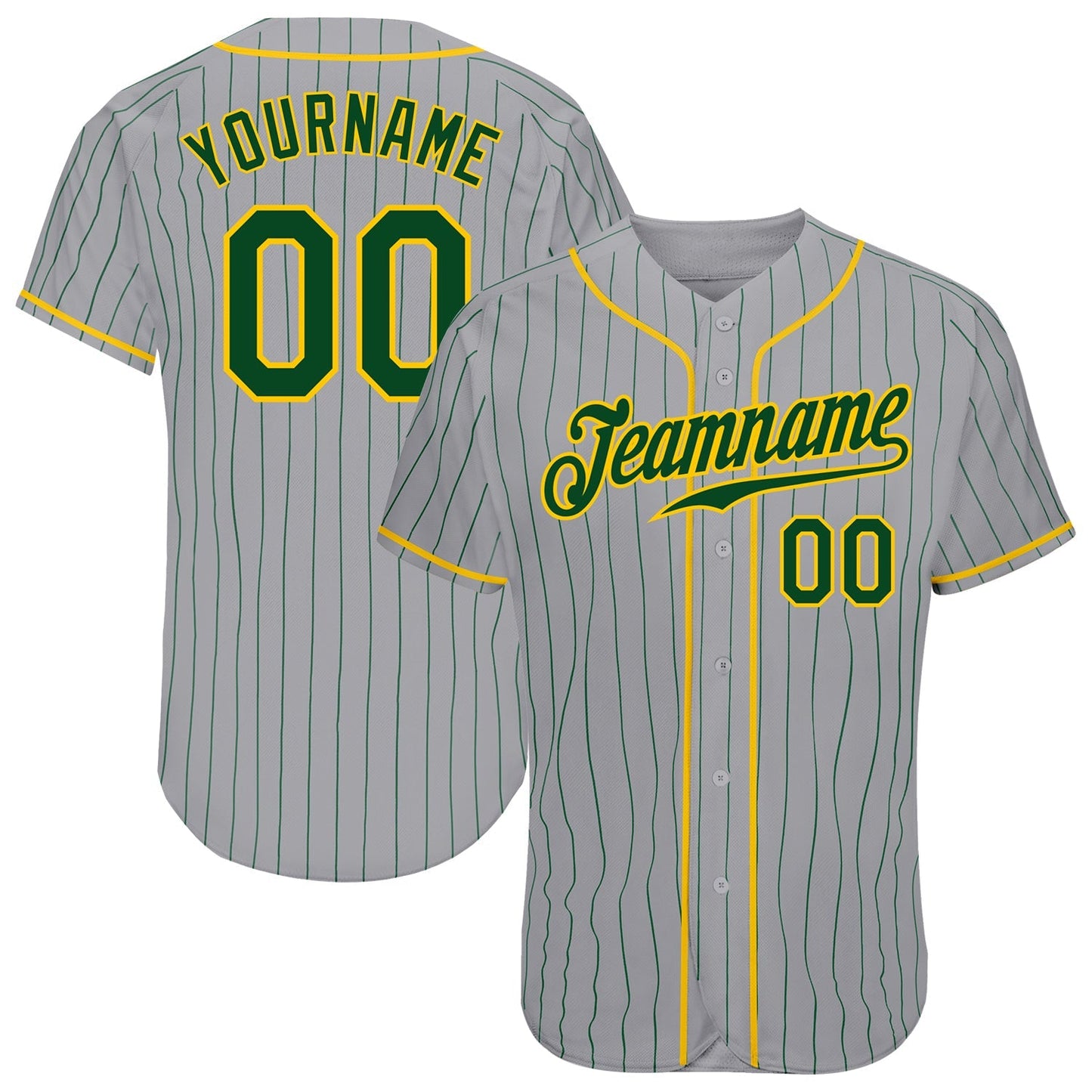 Custom Gray Green Pinstripe Green-Gold Authentic Baseball Jersey baseball jersey product view 1