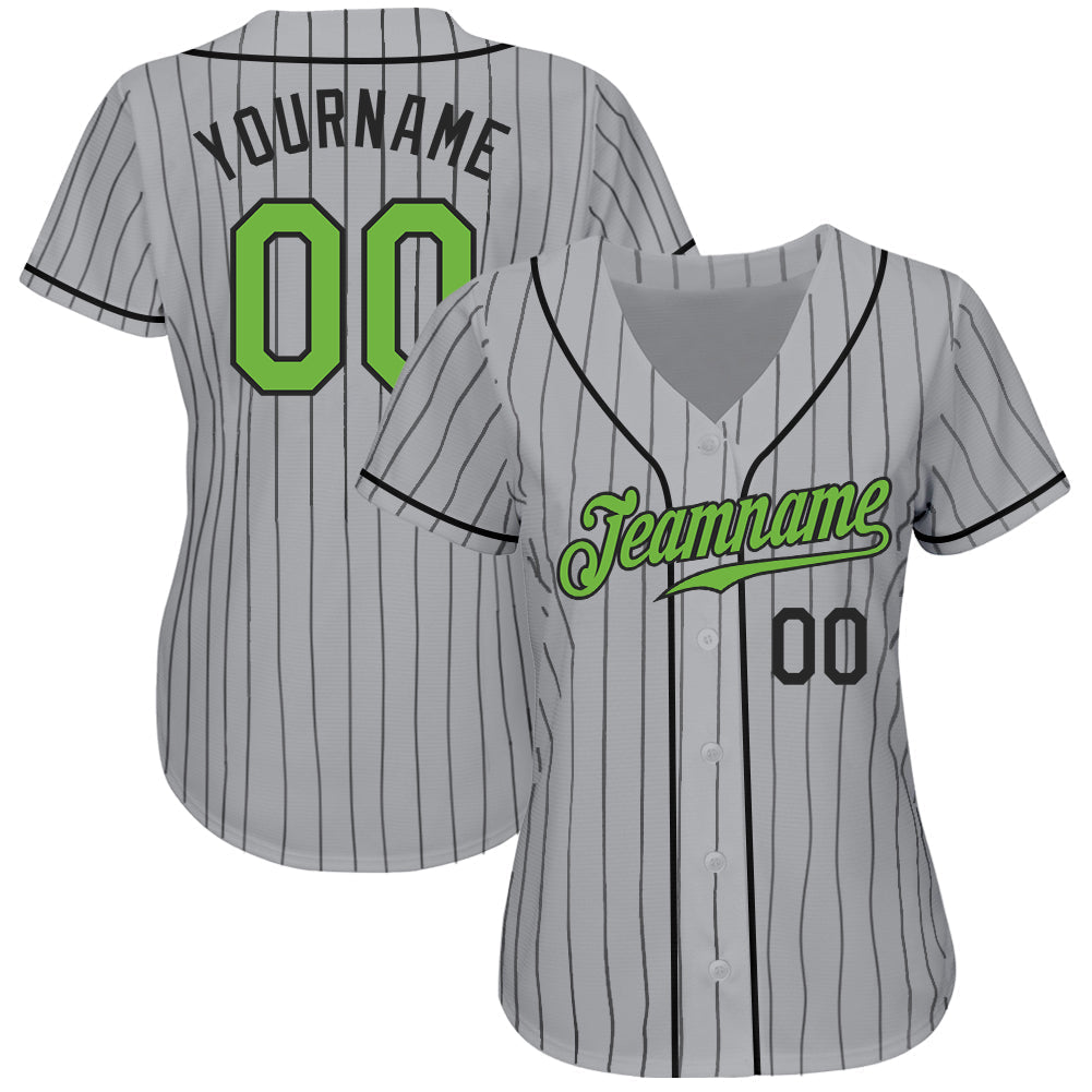 Custom Gray Black Pinstripe Neon Green-Black Authentic Baseball Jersey baseball jersey product view 3