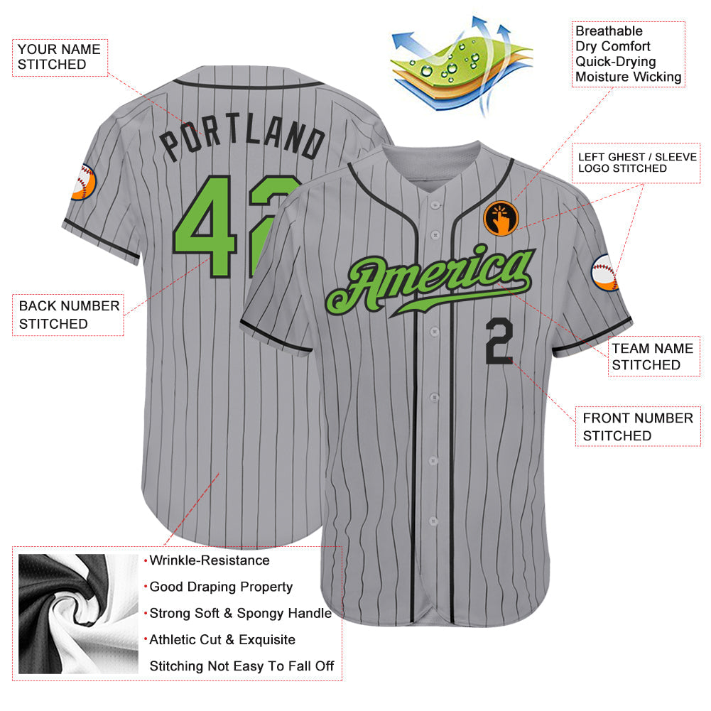Custom Gray Black Pinstripe Neon Green-Black Authentic Baseball Jersey baseball jersey product view 4