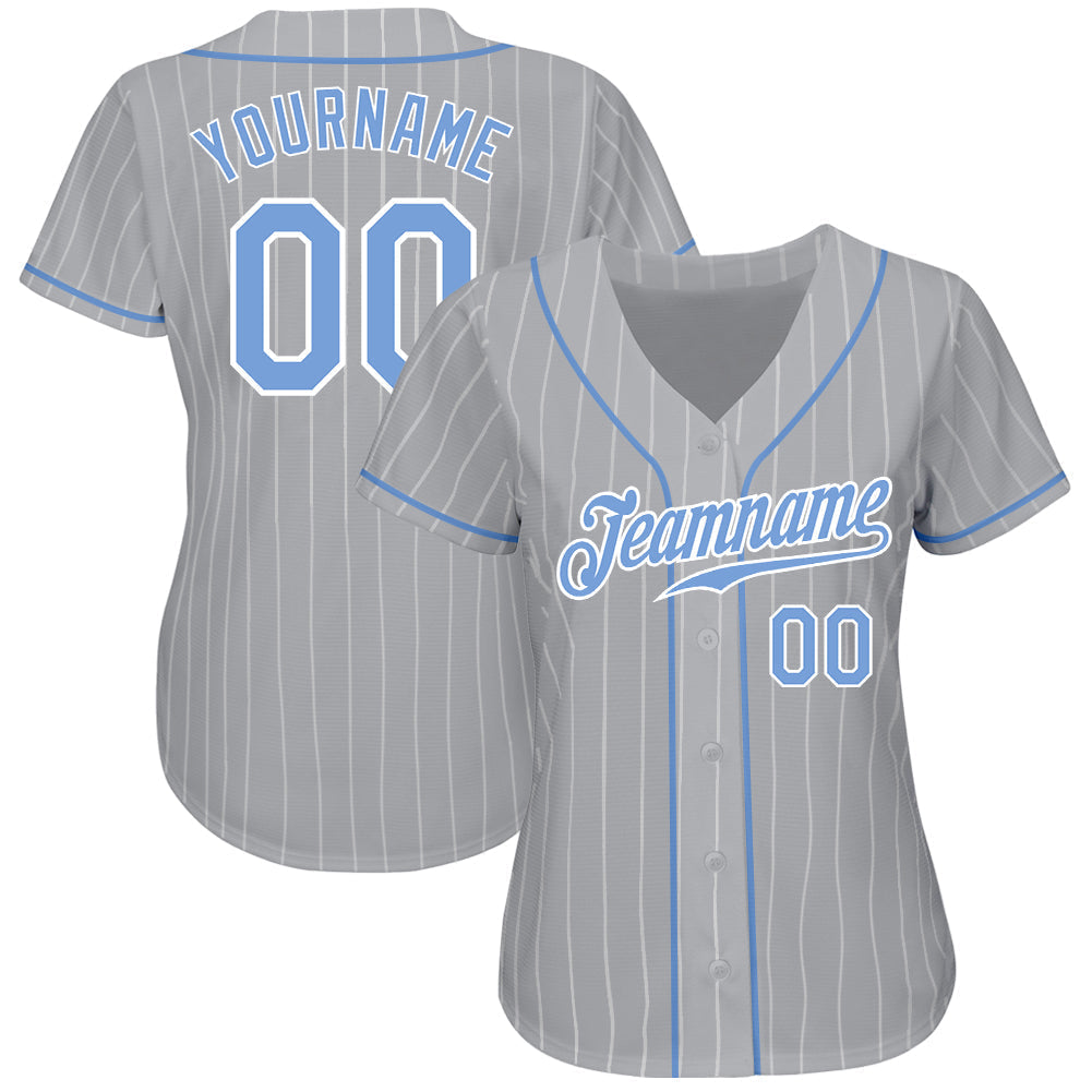 Custom Gray White Pinstripe Light Blue-White Authentic Baseball Jersey baseball jersey product view 2
