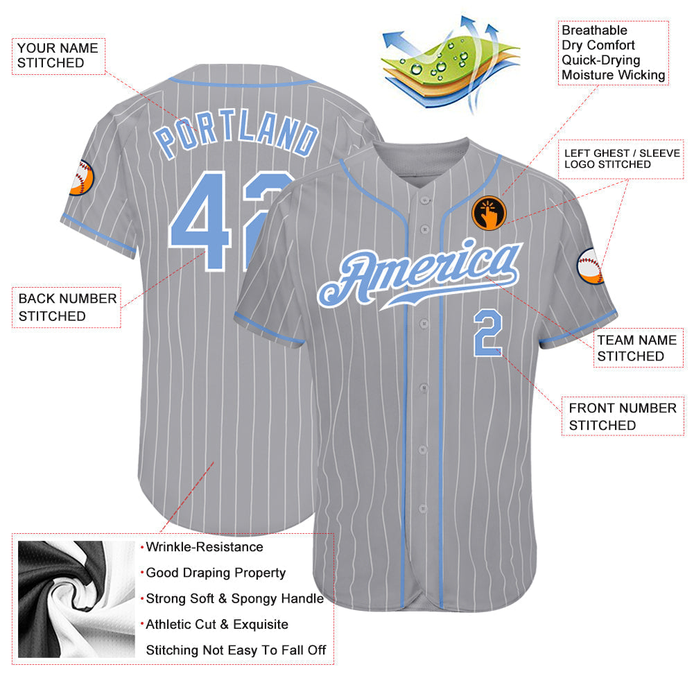 Custom Gray White Pinstripe Light Blue-White Authentic Baseball Jersey baseball jersey product view 3
