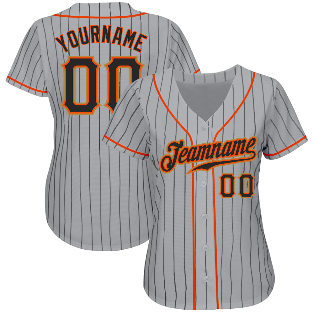 Custom Gray Black Pinstripe Black-Orange Authentic Baseball Jersey baseball jersey product view 2