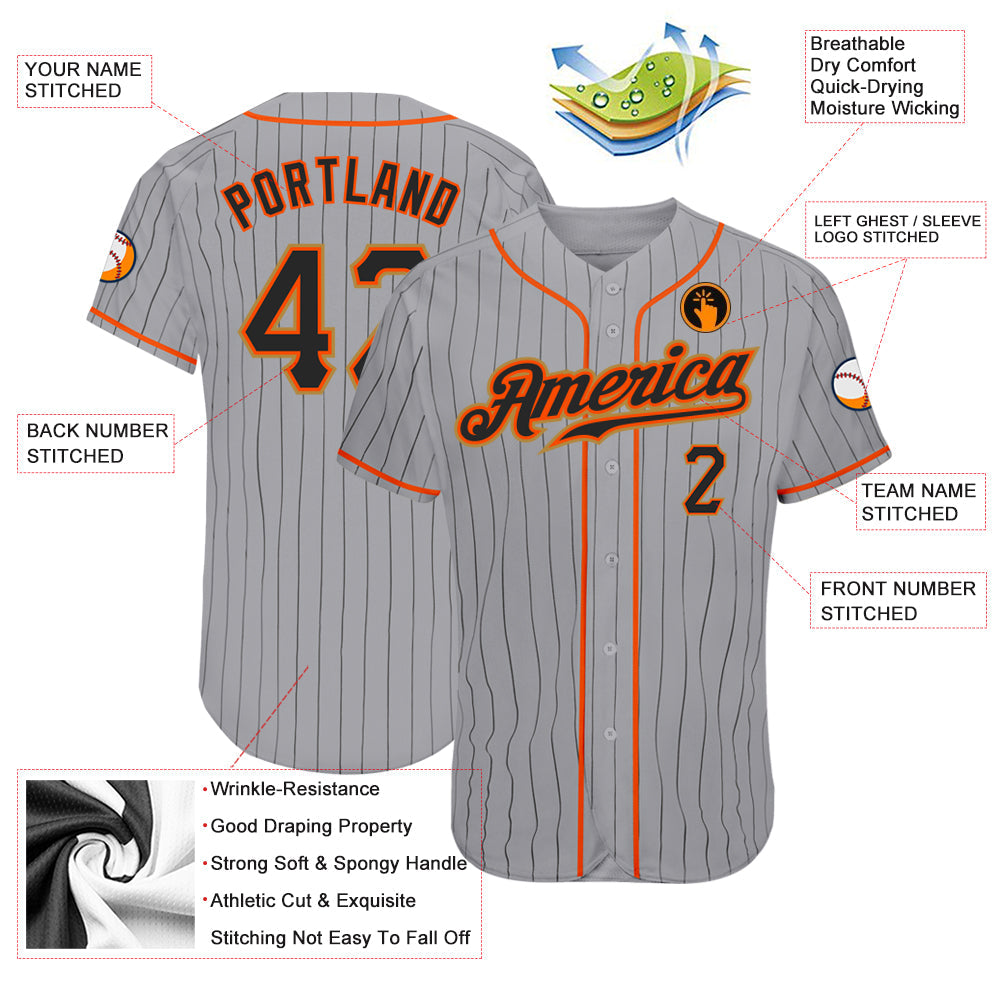 Custom Gray Black Pinstripe Black-Orange Authentic Baseball Jersey baseball jersey product view 3