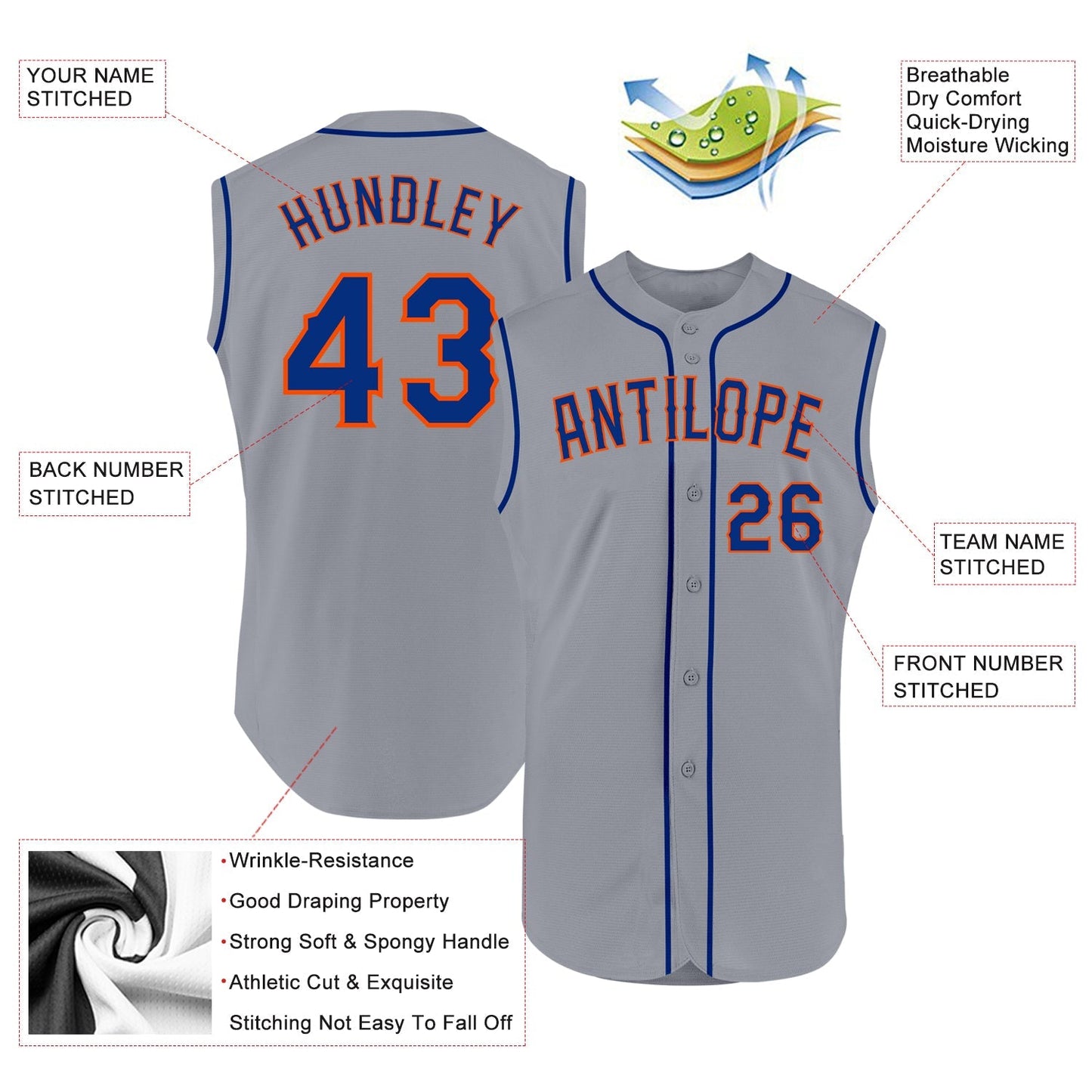 Custom Gray Royal-Orange Authentic Sleeveless Baseball Jersey baseball jersey product view 2