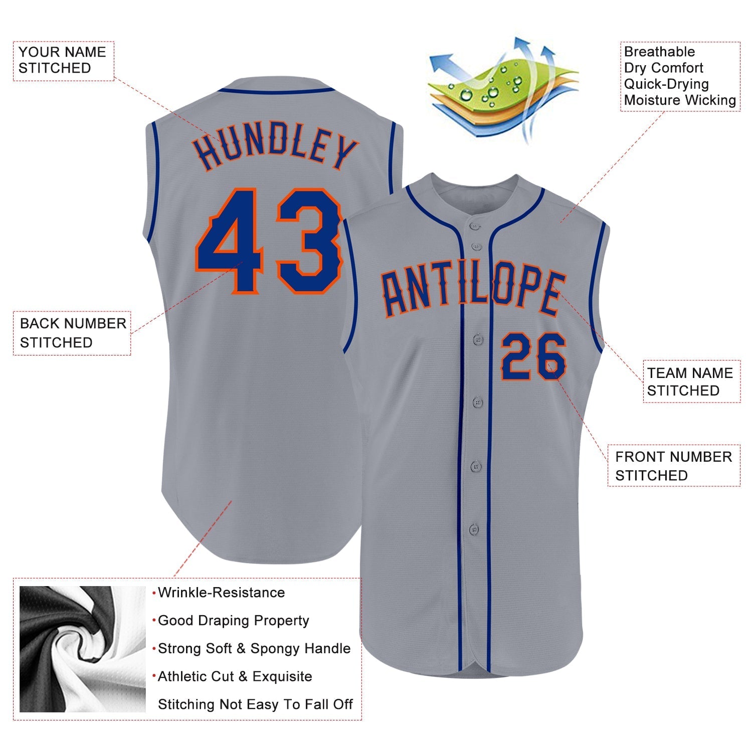 Custom Gray Royal-Orange Authentic Sleeveless Baseball Jersey baseball jersey product view 2