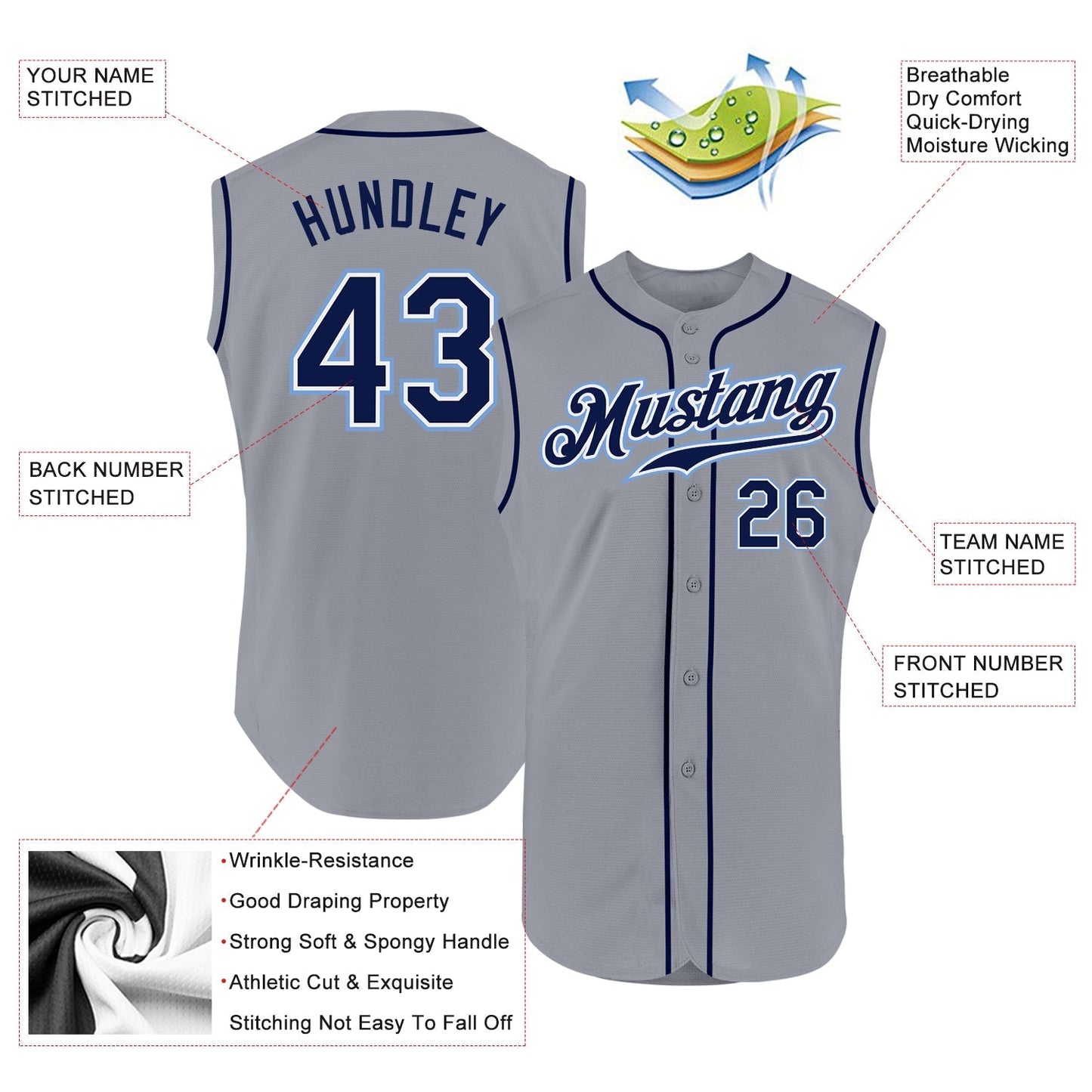 Custom Gray Navy-Powder Blue Authentic Sleeveless Baseball Jersey baseball jersey product view 2
