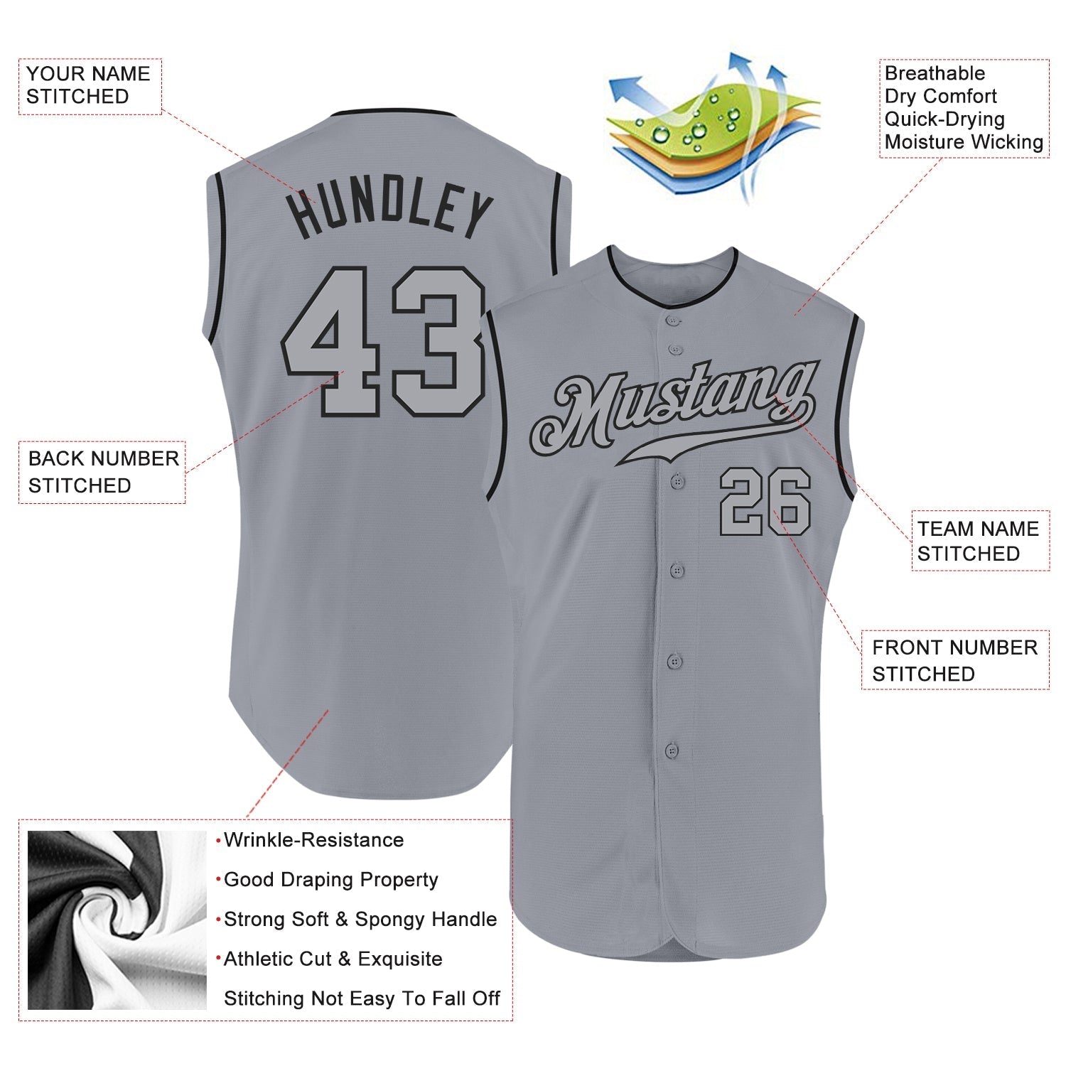 Custom Gray Gray-Black Authentic Sleeveless Baseball Jersey baseball jersey product view 2
