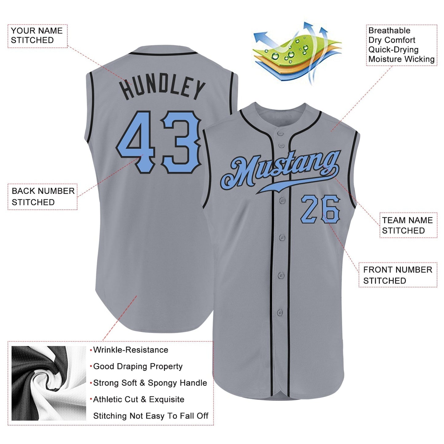 Custom Gray Light Blue-Black Authentic Sleeveless Father's Day Baseball Jersey baseball jersey product view 2
