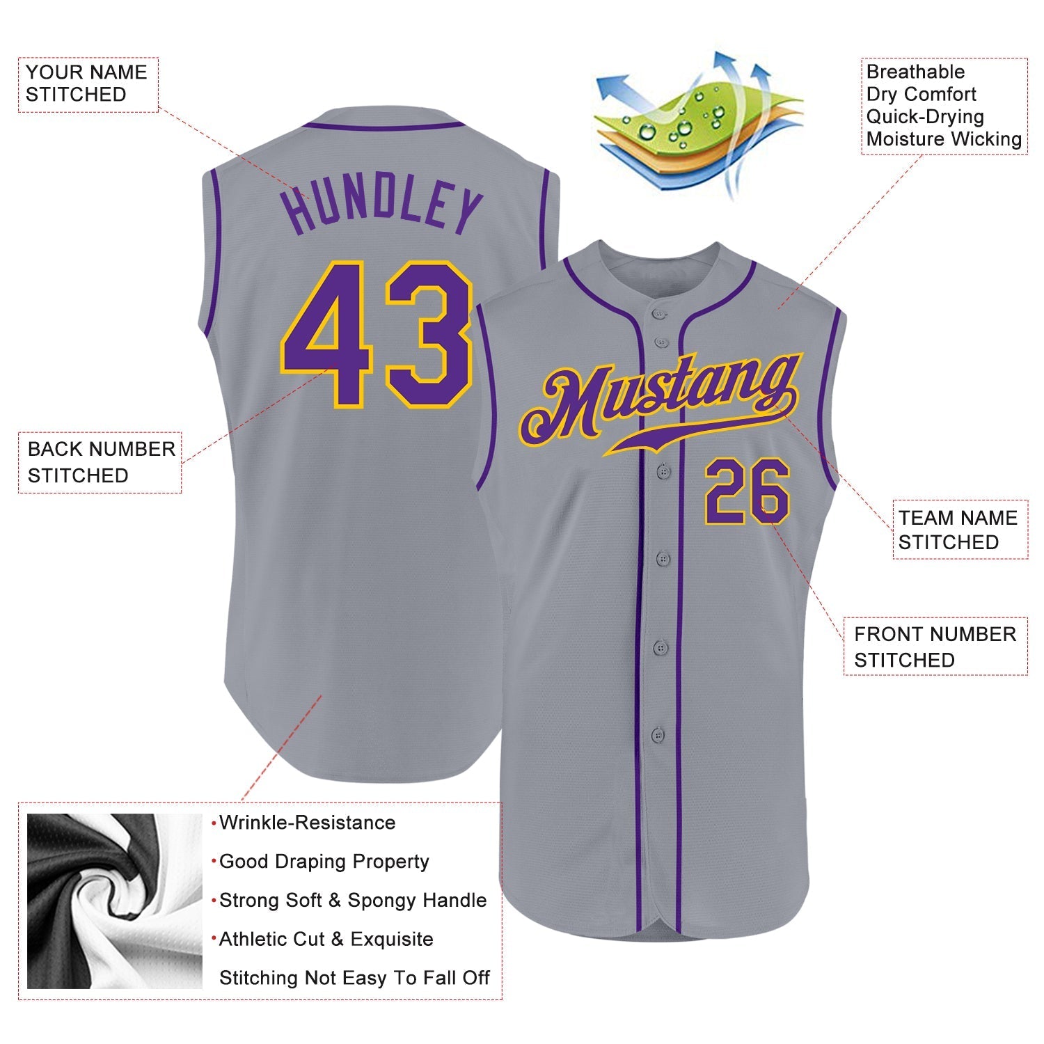 Custom Gray Purple-Gold Authentic Sleeveless Baseball Jersey baseball jersey product view 2