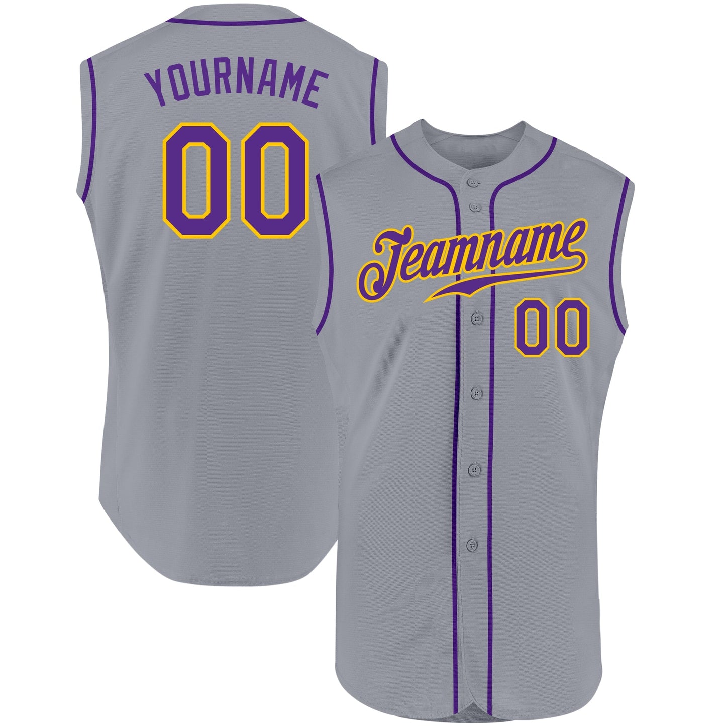 Custom Gray Purple-Gold Authentic Sleeveless Baseball Jersey baseball jersey product view 1