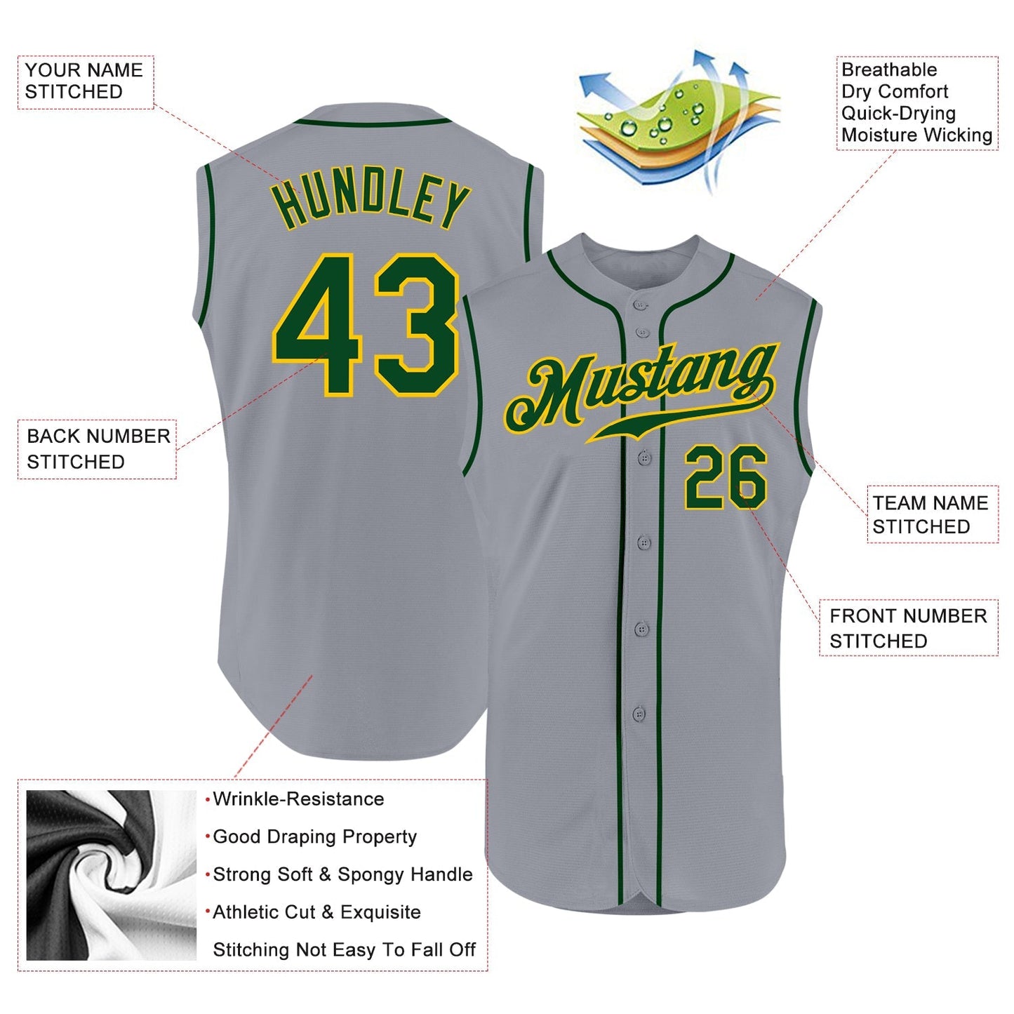 Custom Gray Green-Gold Authentic Sleeveless Baseball Jersey baseball jersey product view 2