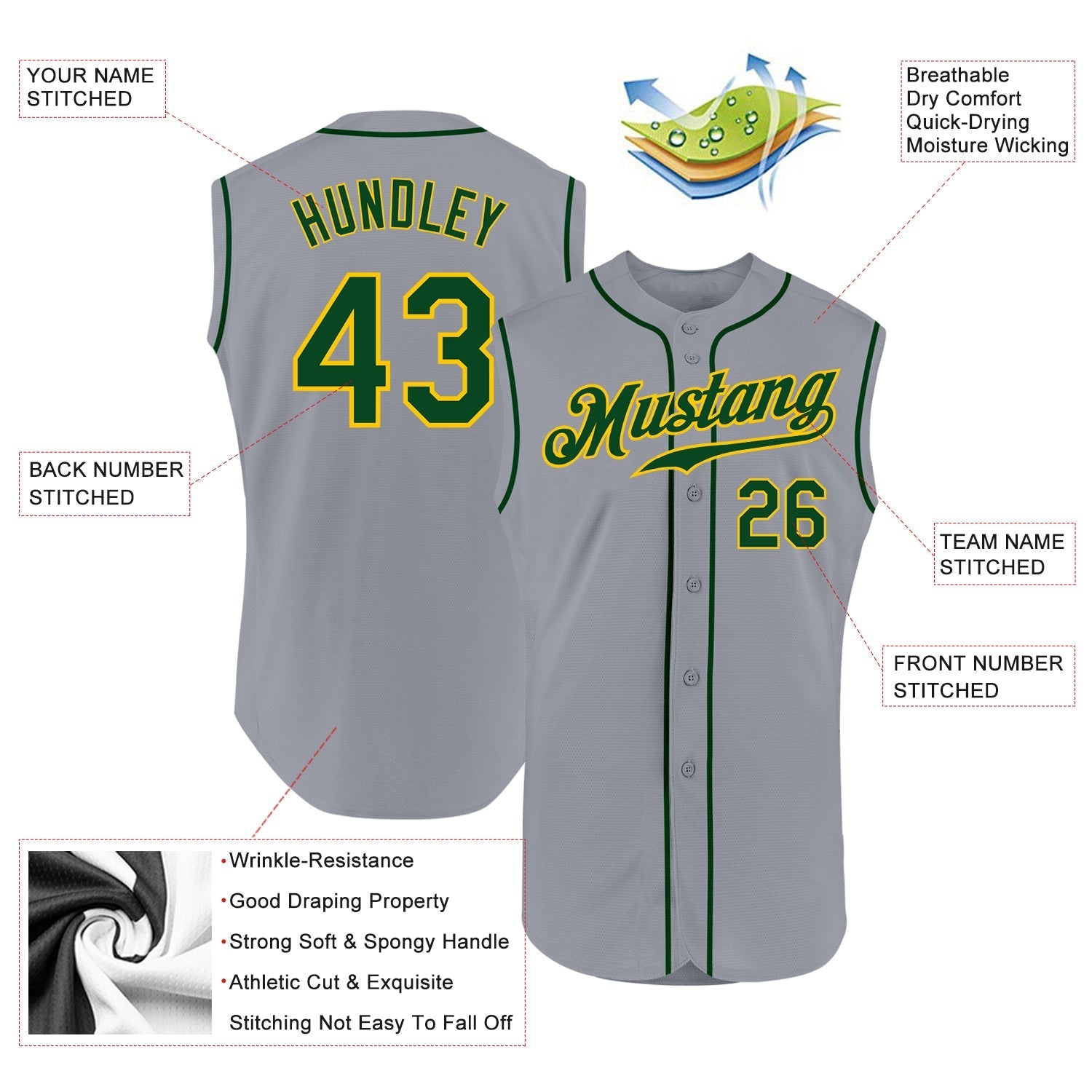 Custom Gray Green-Gold Authentic Sleeveless Baseball Jersey baseball jersey product view 2
