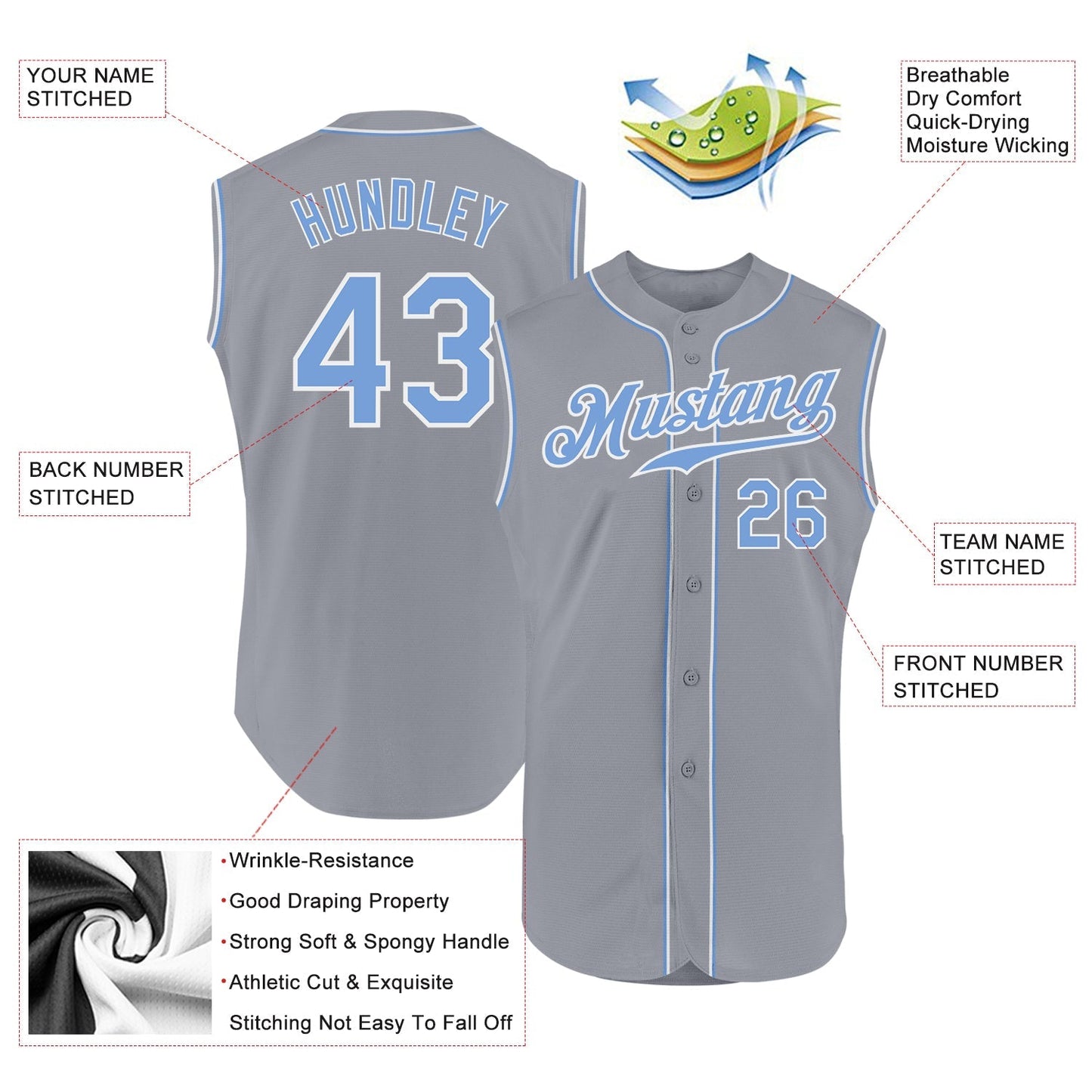 Custom Gray Light Blue-White Authentic Sleeveless Baseball Jersey baseball jersey product view 2