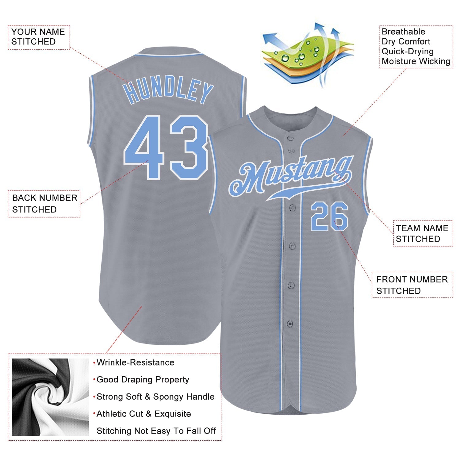 Custom Gray Light Blue-White Authentic Sleeveless Baseball Jersey baseball jersey product view 2