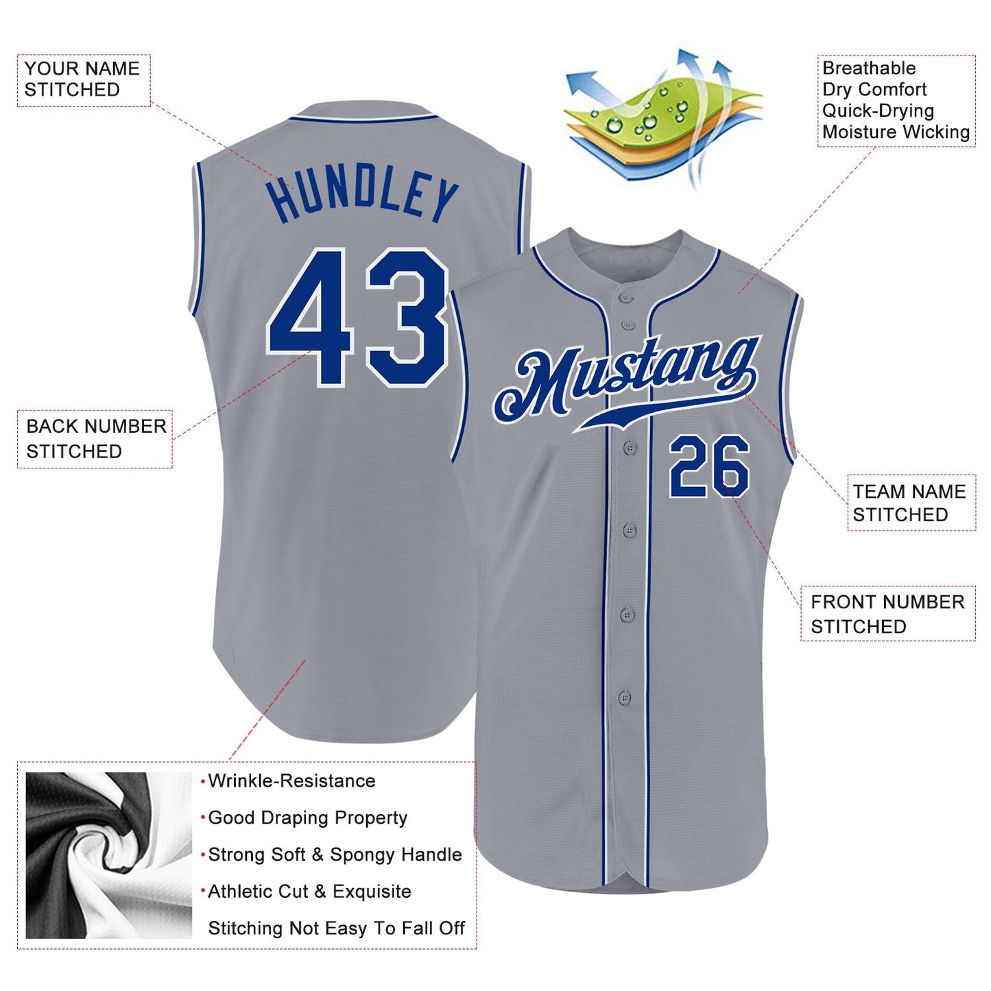 Custom Gray Royal-White Authentic Sleeveless Baseball Jersey baseball jersey product view 2