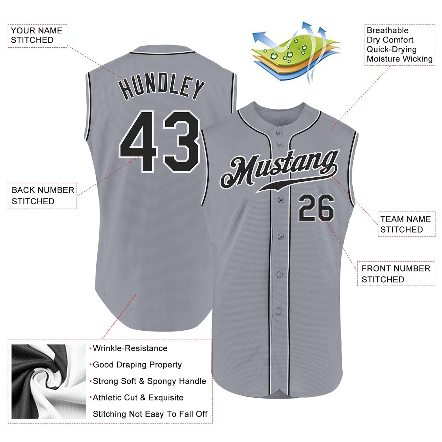 Custom Gray Black-White Authentic Sleeveless Baseball Jersey baseball jersey product view 2