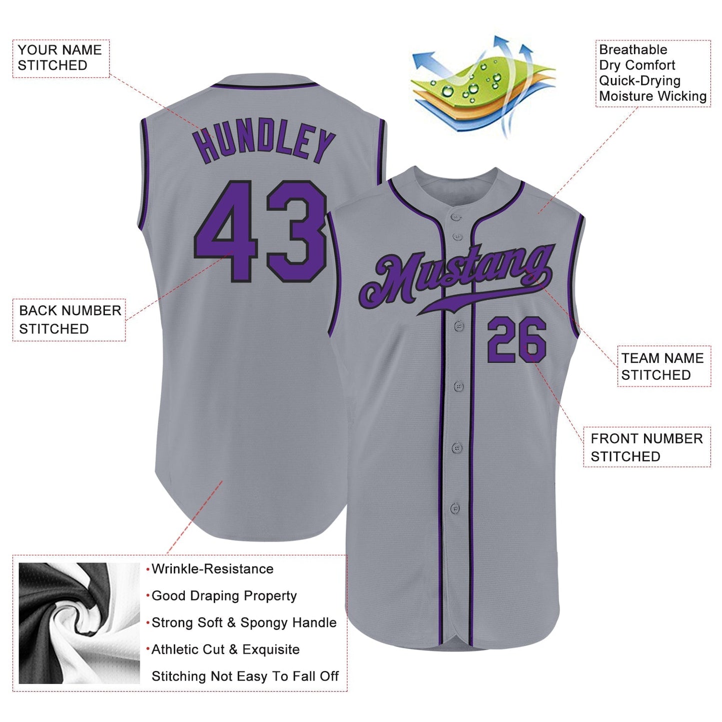 Custom Gray Purple-Black Authentic Sleeveless Baseball Jersey baseball jersey product view 2