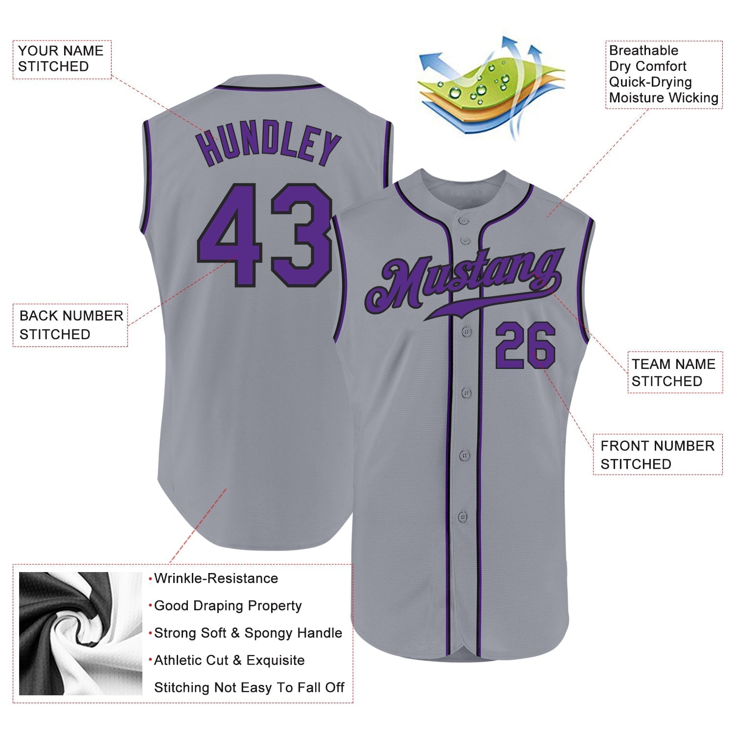 Custom Gray Purple-Black Authentic Sleeveless Baseball Jersey baseball jersey product view 2