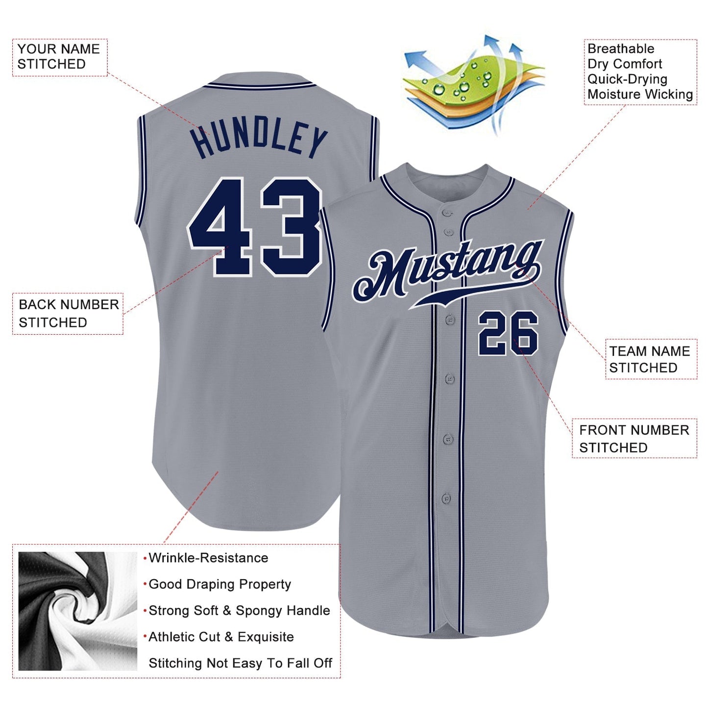 Custom Gray Navy-White Authentic Sleeveless Baseball Jersey baseball jersey product view 2