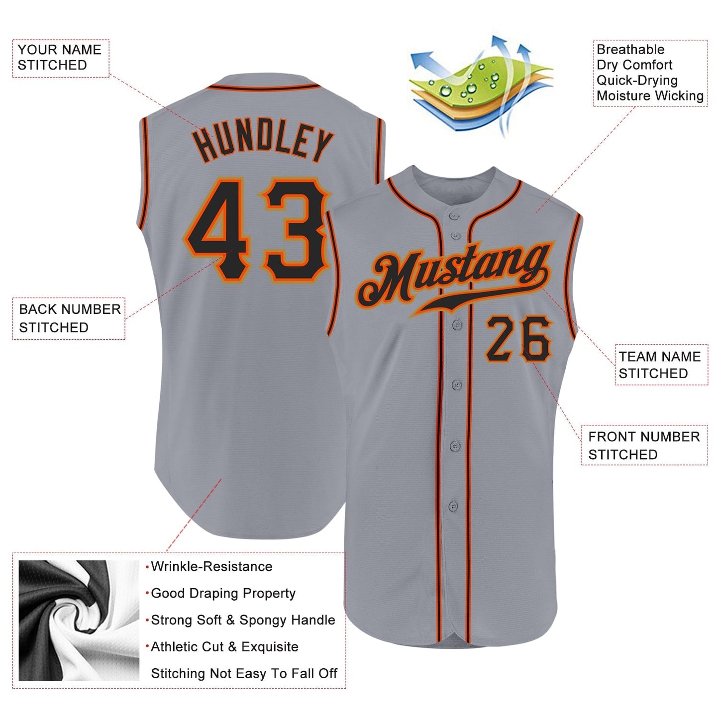 Custom Gray Black-Orange Authentic Sleeveless Baseball Jersey baseball jersey product view 2
