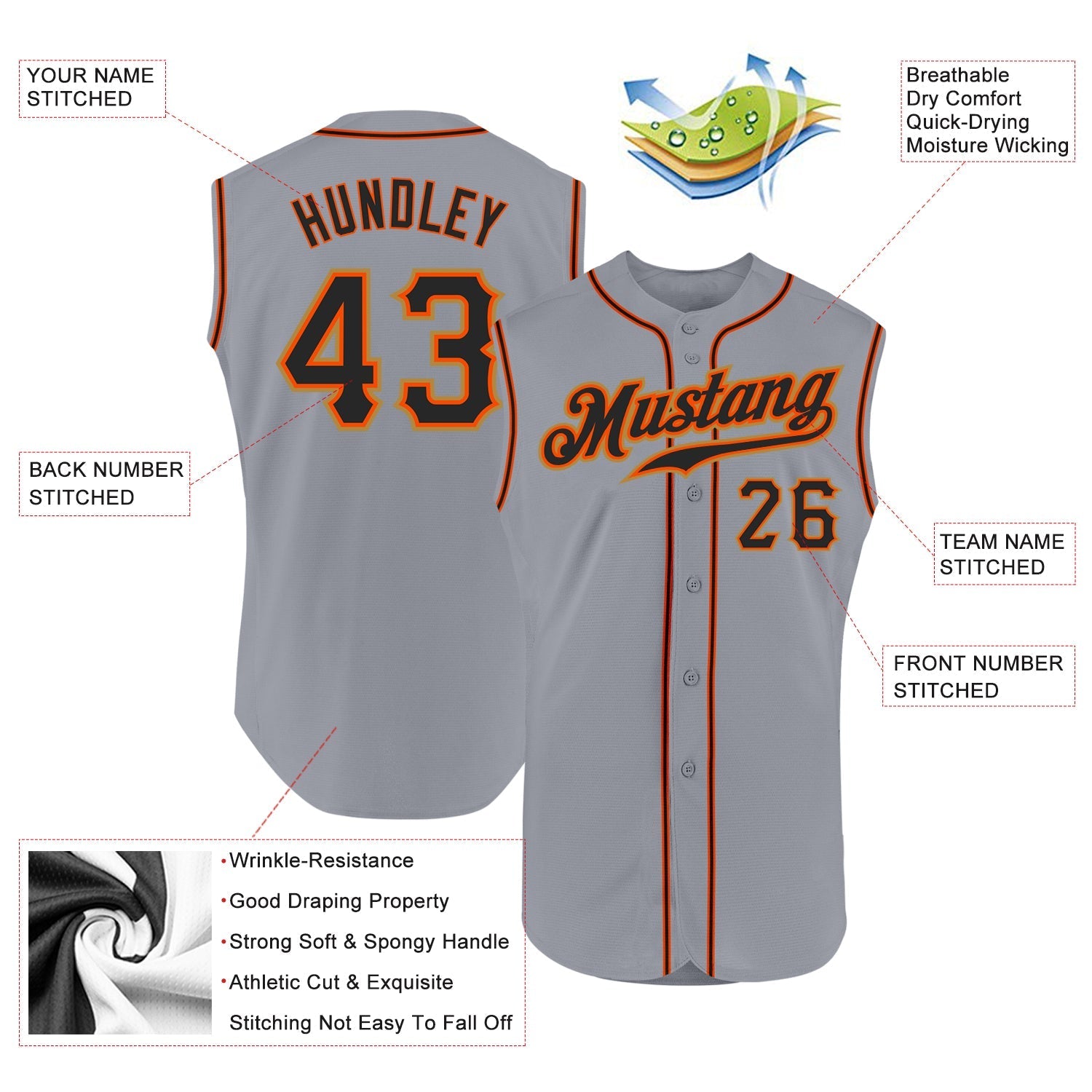 Custom Gray Black-Orange Authentic Sleeveless Baseball Jersey baseball jersey product view 2