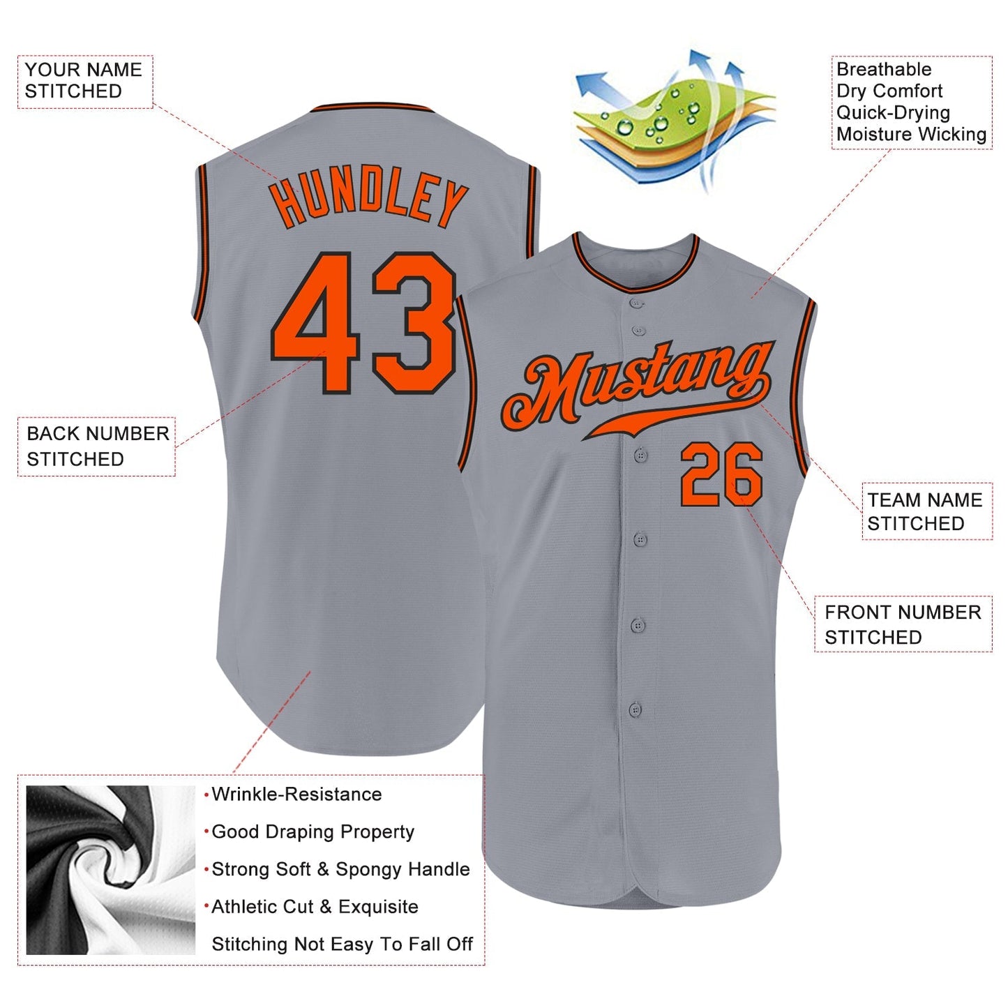 Custom Gray Orange-Black Authentic Sleeveless Baseball Jersey baseball jersey product view 2