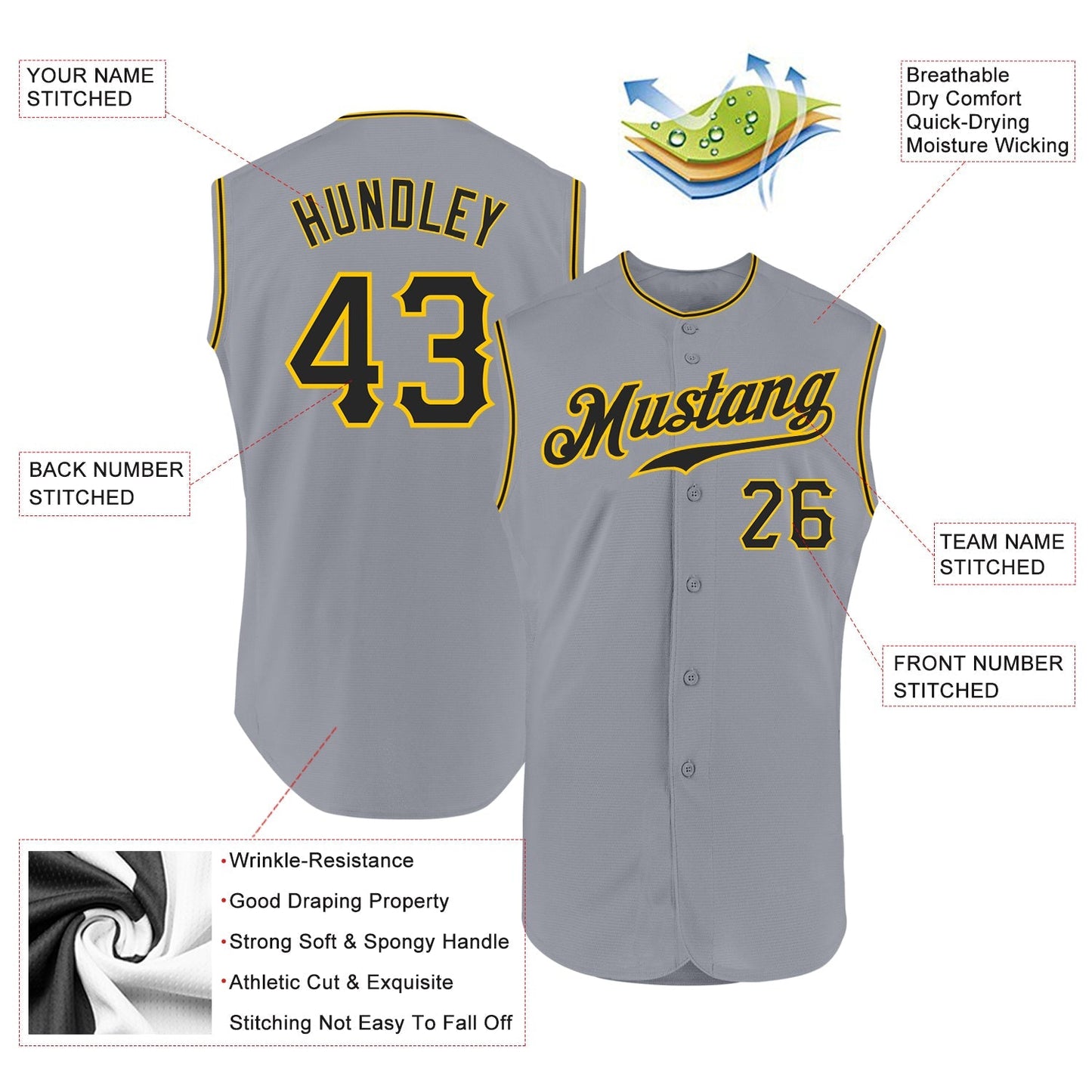 Custom Gray Black-Gold Authentic Sleeveless Baseball Jersey baseball jersey product view 3