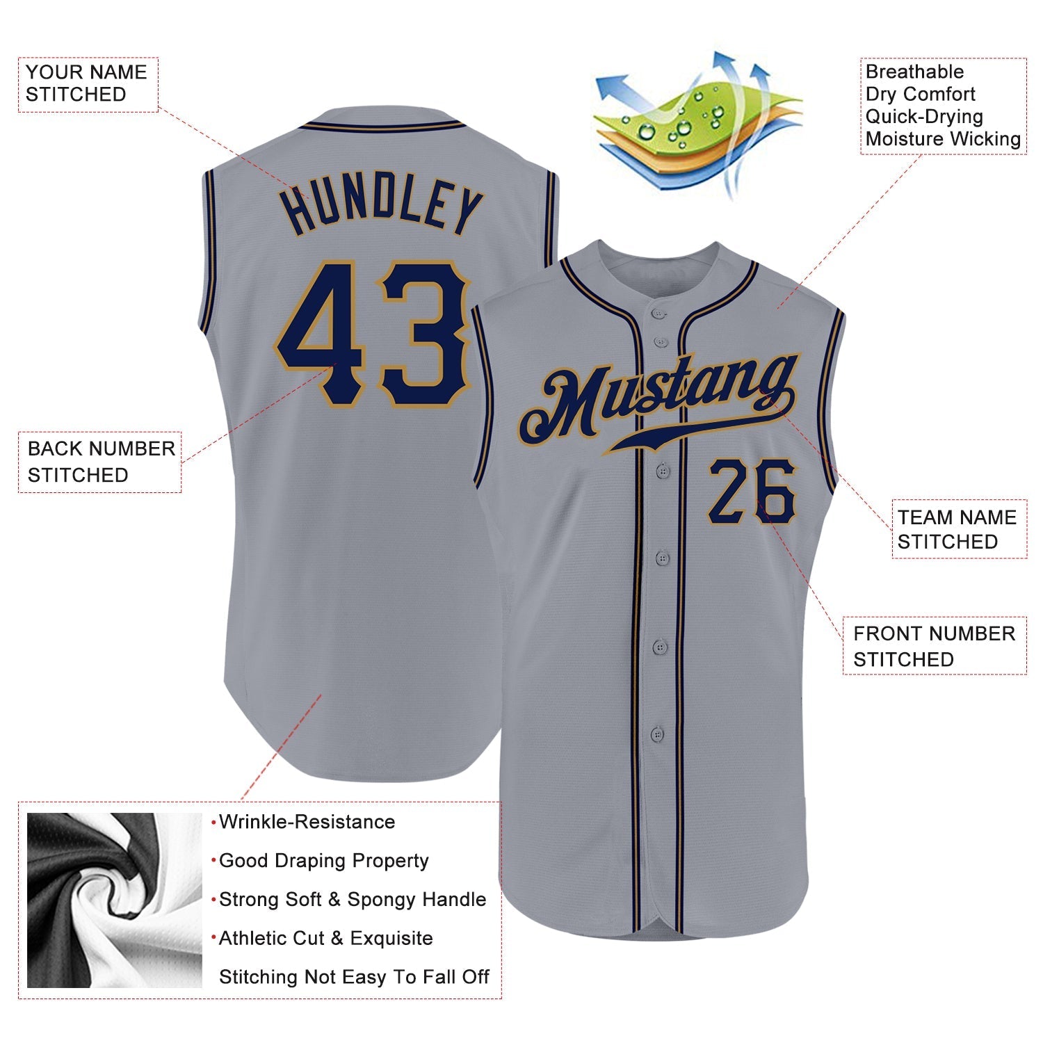 Custom Gray Navy-Old Gold Authentic Sleeveless Baseball Jersey baseball jersey product view 2