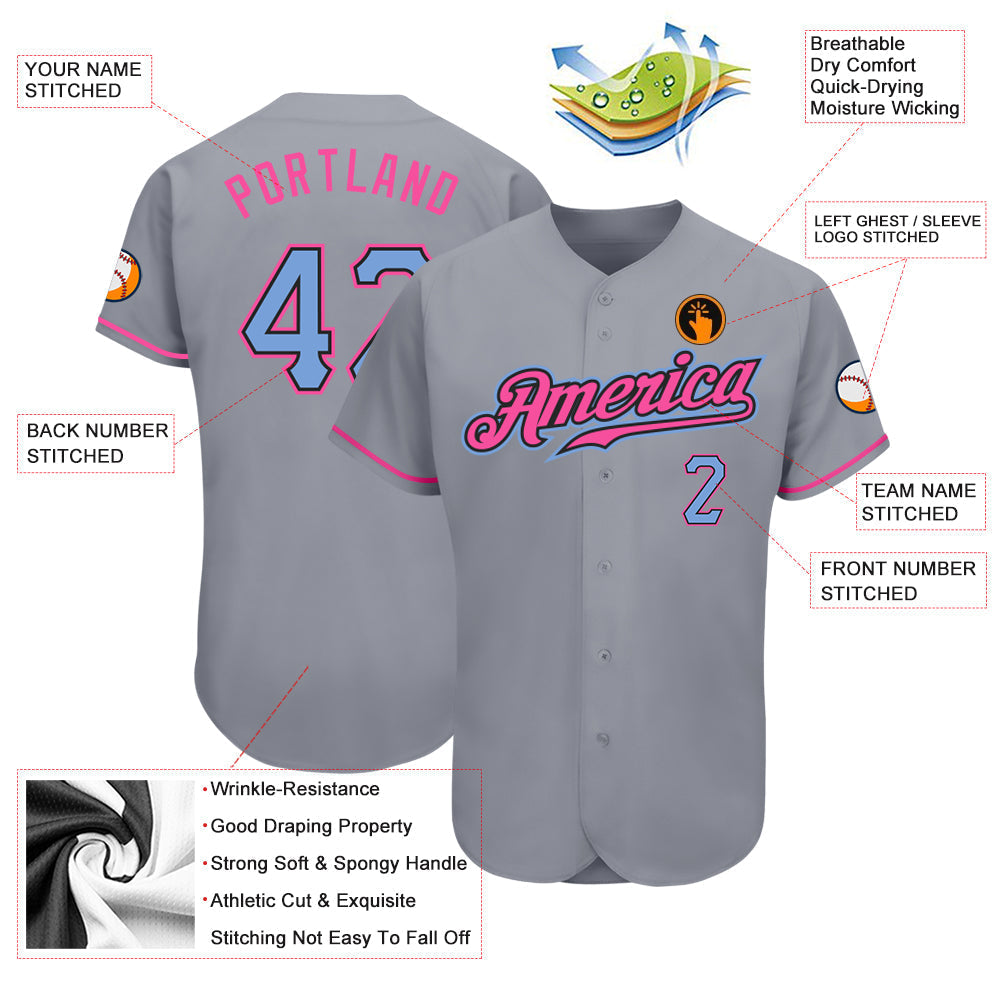 Custom Gray Light Blue-Pink Authentic Baseball Jersey baseball jersey product view 3