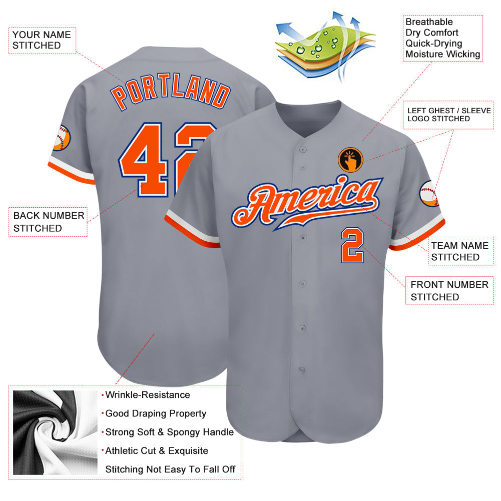 Custom Gray Orange White-Royal Authentic Baseball Jersey baseball jersey product view 3