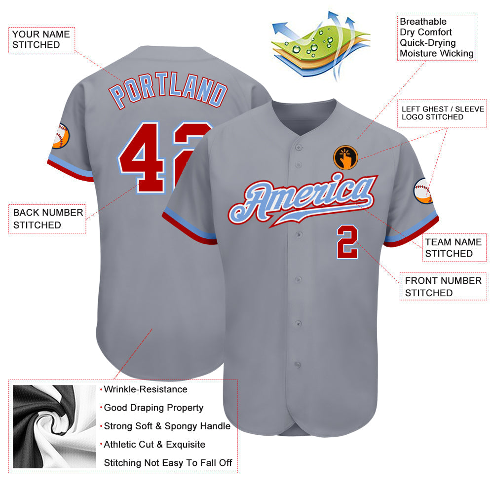 Custom Gray Red White-Light Blue Authentic Baseball Jersey baseball jersey product view 3