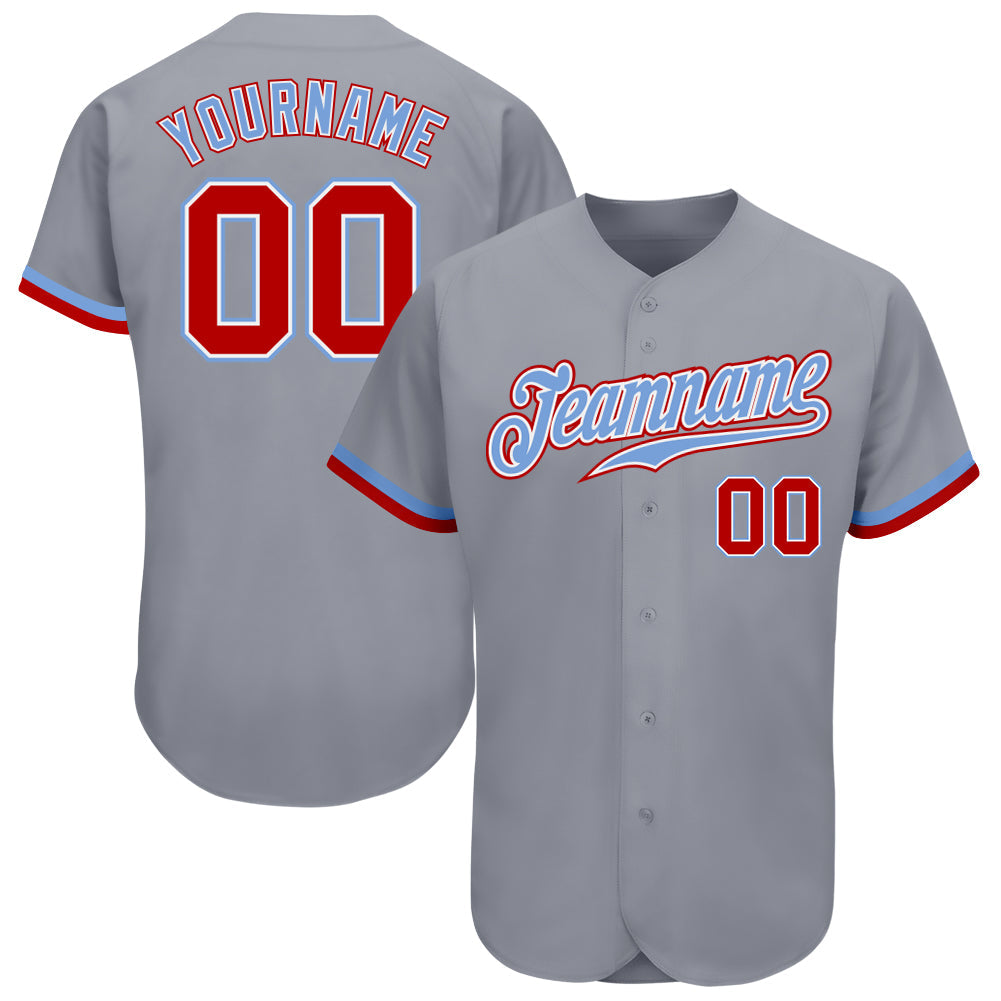 Custom Gray Red White-Light Blue Authentic Baseball Jersey baseball jersey product view 1