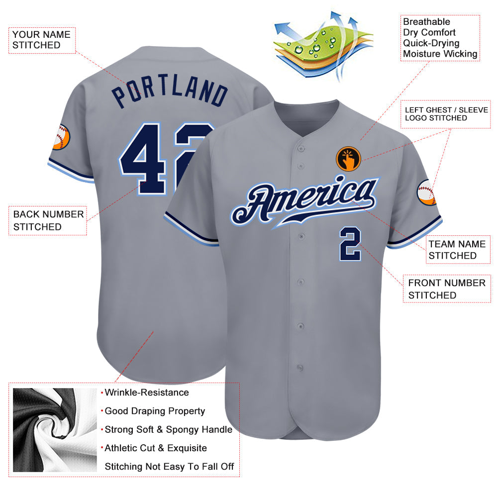 Custom Gray Navy White-Light Blue Authentic Baseball Jersey baseball jersey product view 3