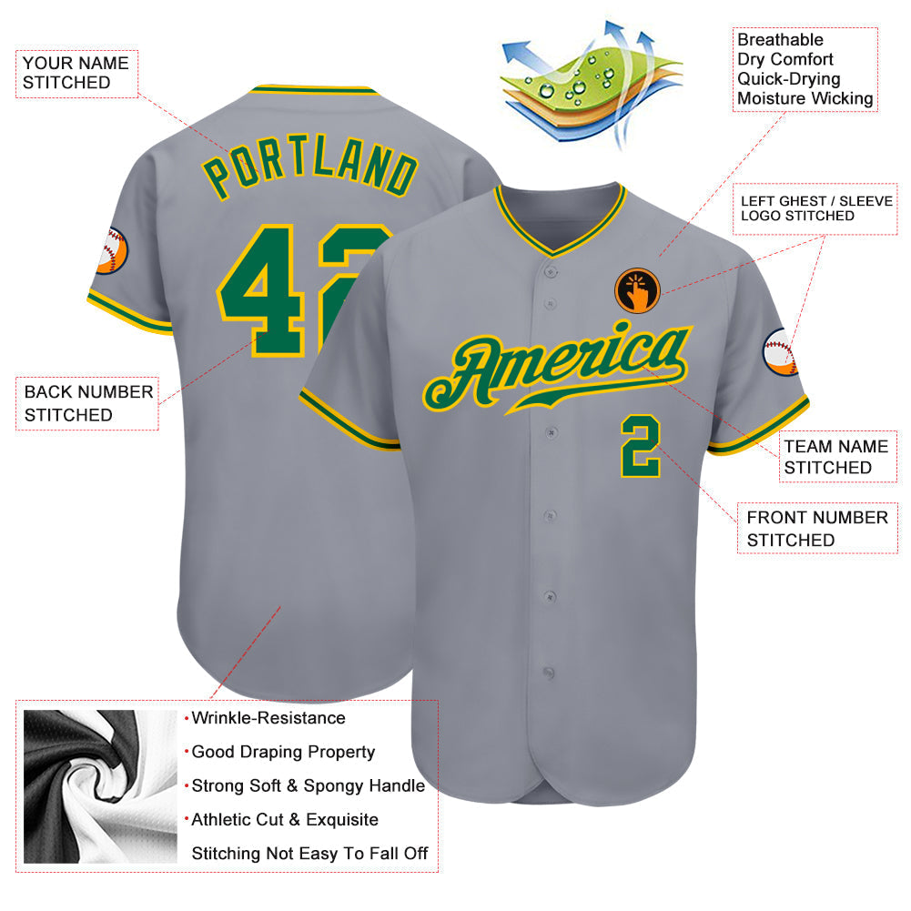 Custom Gray Kelly Green-Gold Authentic Baseball Jersey baseball jersey product view 3