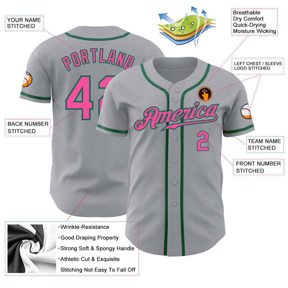 Custom Gray Pink-Kelly Green Authentic Baseball Jersey baseball jersey product view 3