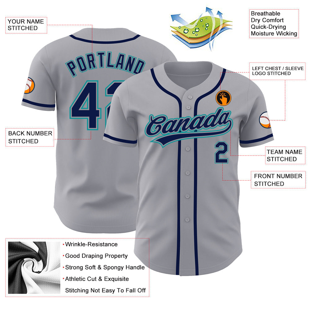 Custom Gray Navy-Teal Authentic Baseball Jersey baseball jersey product view 3