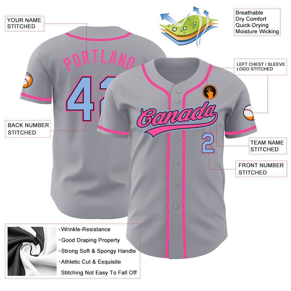 Custom Gray Light Blue Black-Pink Authentic Baseball Jersey baseball jersey product view 3