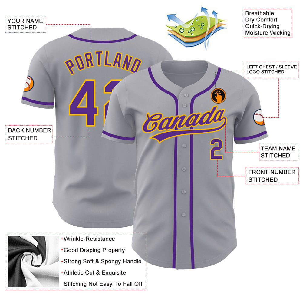 Custom Gray Purple-Gold Authentic Baseball Jersey baseball jersey product view 3
